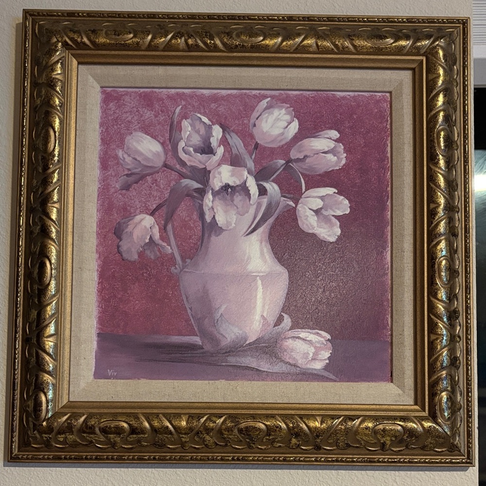 Elegant Floral Painting Gold Framed and Signed by Artist Viv